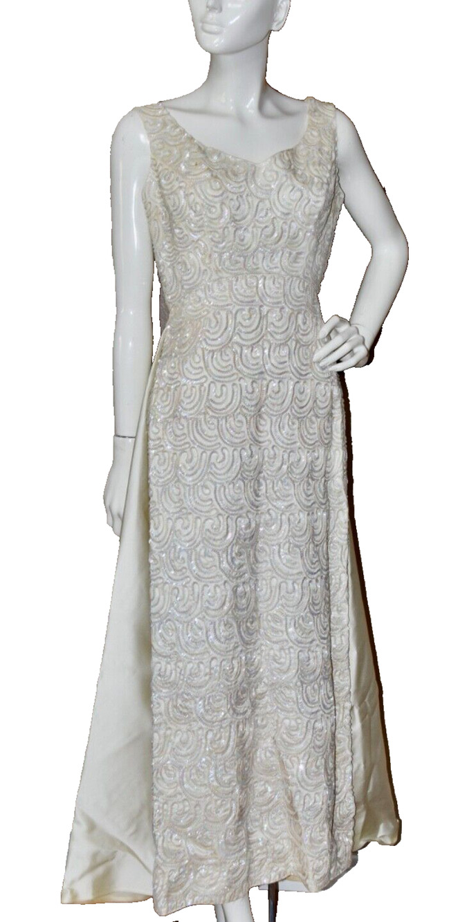1960s Mike Benet Formal Occasion Ivory Sequined Evening Dress Wedding Gown